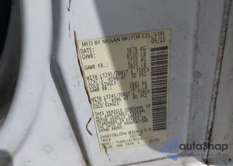 2015 Nissan Nv Cargo Nv1500 S V6 z USA, uszkodzony, nr VIN 1N6BF0KL0FN806153